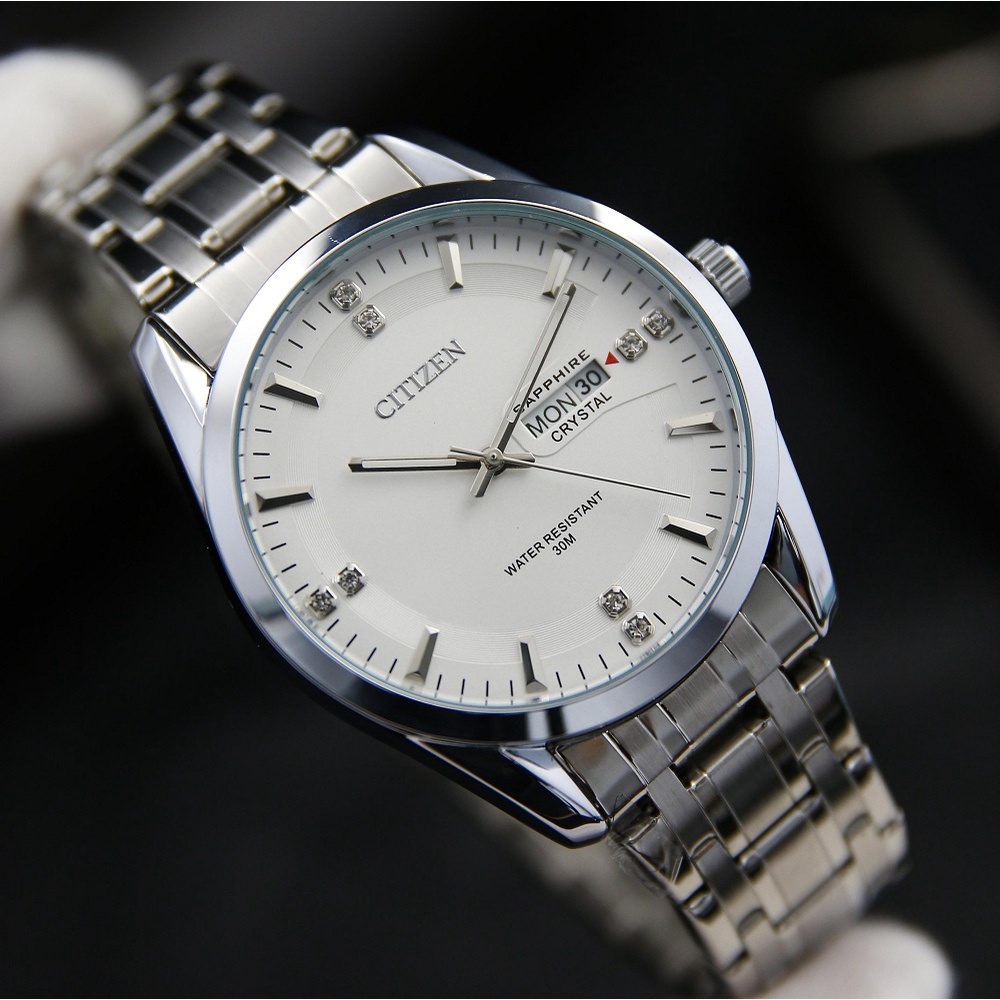 Đồng Hồ Nam dây thép Citiren có lịch ngày tháng, đồng hồ kim loại nam mặt đen trắng, đồng hồ thời trang nam vip