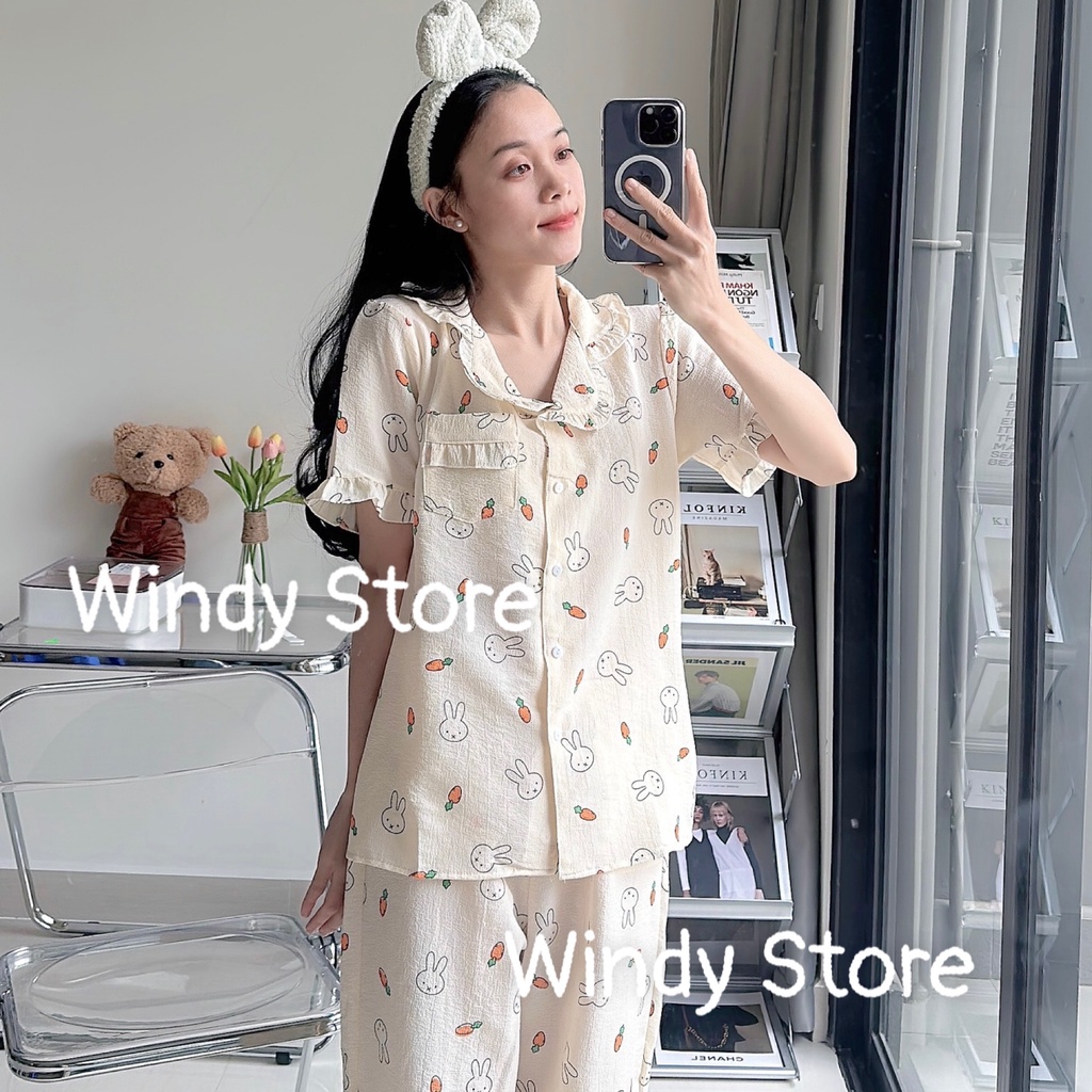 Bộ Mặc Nhà Pijama Cộc Quần Dài Cổ Bèo Chất Đũi Xốp Hàn Phối Hình Họa Tiết Dễ Thương Nhà Windy