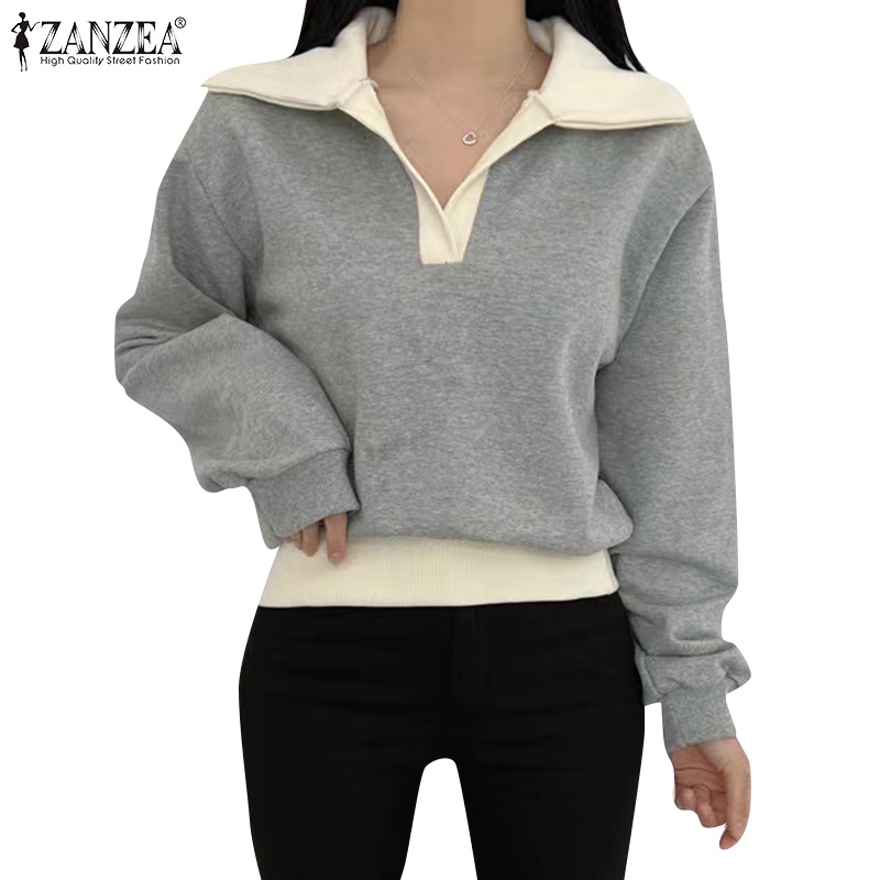 ZANZEA Áo Thun Nữ Dài Tay Cổ Bẻ Form Dài Rộng Thời Trang Hàn