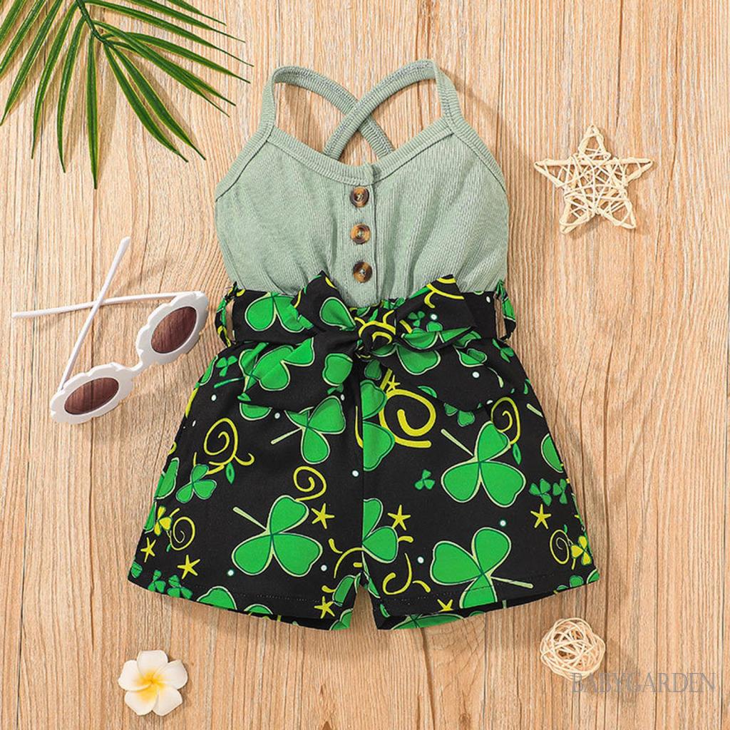 Áo Liền Quần Mùa Hè Không Tay Có Nút Gài In Hình Shamrock Cho Bé Gái 3-24 Tháng Tuổi