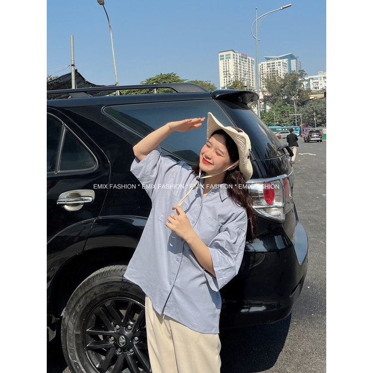 Áo sơ mi cộc tay EMIX, áo Essential, freesize dưới 60kg, có túi, chất thô mềm 2619