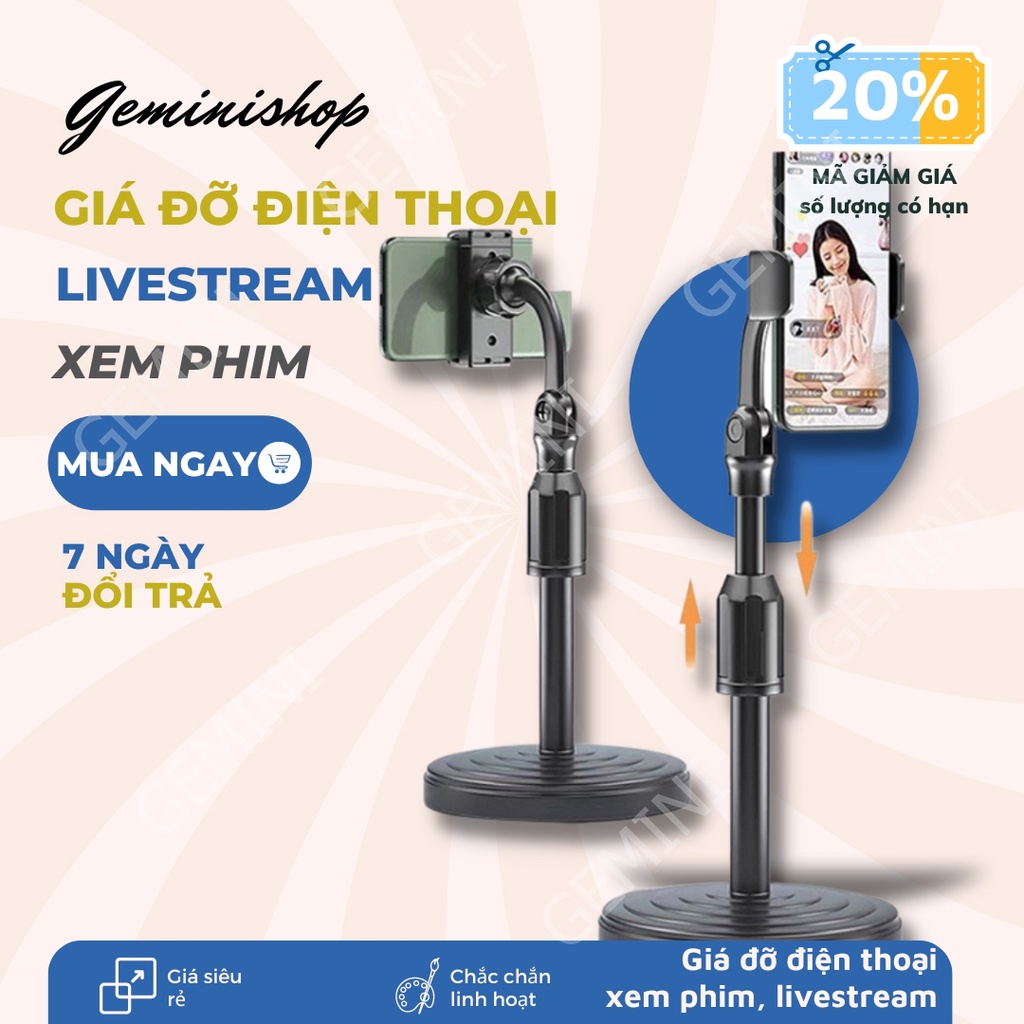 Giá Đỡ Kẹp Điện Thoại livestream xem video mã D30 để bàn điều chỉnh cao từ 24cm - 31cm xoay 360 độ GEMINI SHOP