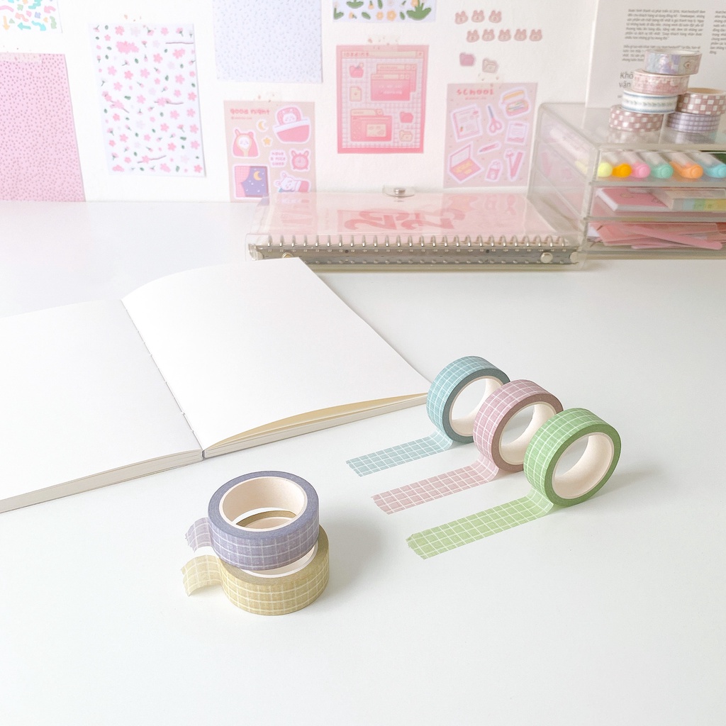 Washi Tape Caro Mê Studio Băng Dính Họa Tiết Kẻ Ô Màu Pastel Dễ Thương Trang Trí Sổ Tay Nhật Kí Bullet Journal