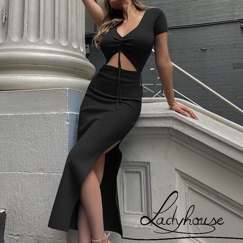 Đầm Dài Dệt Kim Tay Ngắn Cổ Chữ V Màu Trơn Thiết Kế Dây Rút Xẻ Tà Thời Trang Mùa Hè Cho Nữ