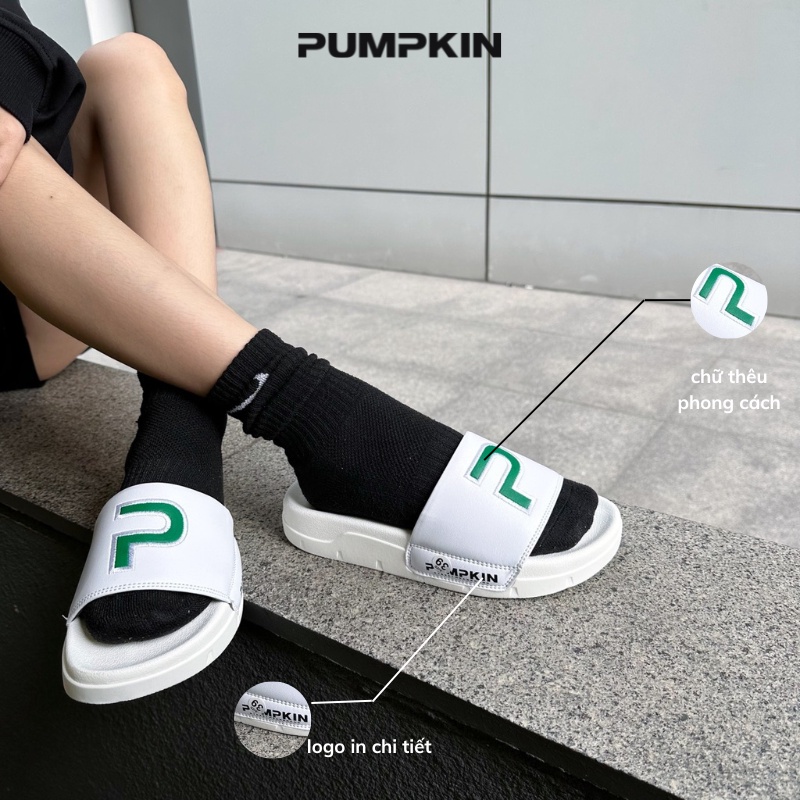 Dép quai ngang da nam nữ PUMPKIN thêu chữ P form vừa đế độn unisex phong cách Local Brand