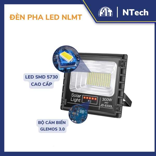 Đèn Năng Lượng Mặt Trời, Đèn Pha JinDian JD-8300L Công Suất 300W - Mẫu Mới 2020, Khung Nhôm, Chip Led "SMD"- BH 02 Năm