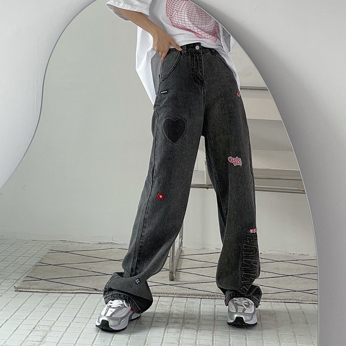 Quần Jean Ống Rộng Lưng Cao Thêu Họa Tiết Thời Trang Hàn Quốc Mới 2022 Cho Nữ