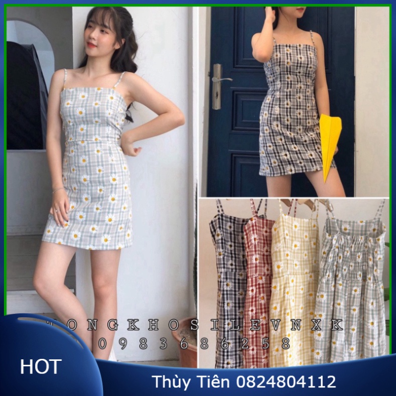 VÁY 2 DÂY KẺ CARO DAISY KHÓA KÉO CHUN SAU QUẢNG CHÂU - VÁY CHỮ A SỌC HOA CÚC HOT 👗 💝