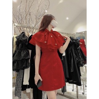 (Hình thật trải ghế + treo)  ĐẦM ĐỎ PHỐI CỔ VOAN TAY TIÊN ĐÍNH HOA 🍂