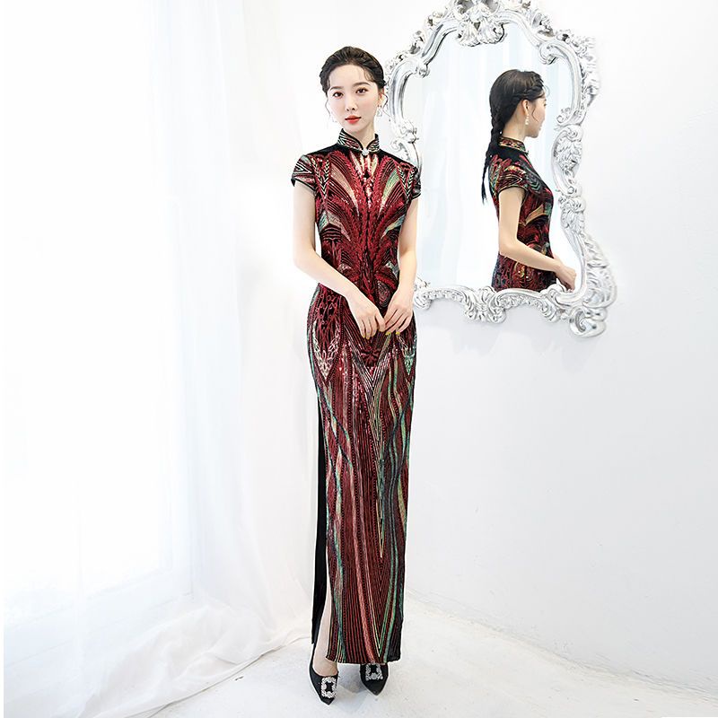 Đầm Sườn Xám Nhung Dáng Dài Thêu Họa Tiết Đính Kim Sa Phong Cách Trung Hoa Cổ Điển Dành Cho Nữ M2023