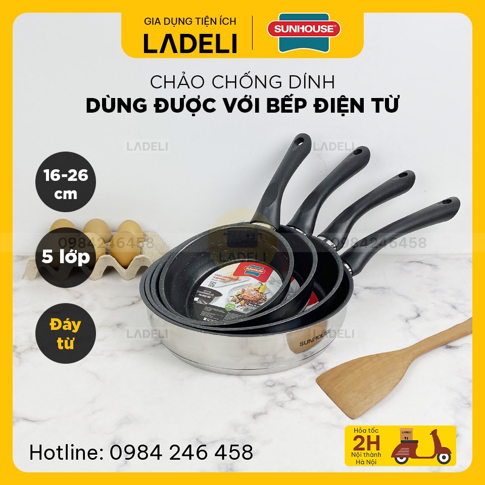 Chảo inox 5 đáy SUNHOUSE IN16M4 / IN20M4 / IN24M4 / IN26M4 size 16-26cm chống dính dùng được với bếp từ