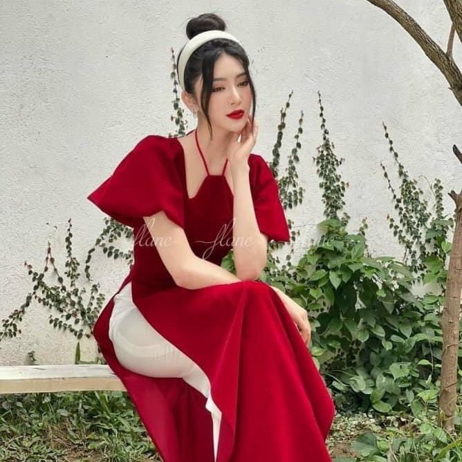 Áo dài " Sương Mai Đỏ " , áo dài cách tân thiết kế cổ yếm