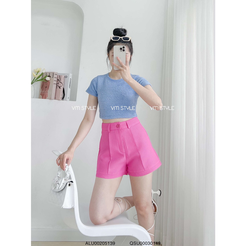 Quần short nữ VMSTYLE ống rộng gấp gấu lưng cao, vải ô vuông nhiều màu - QSU00030