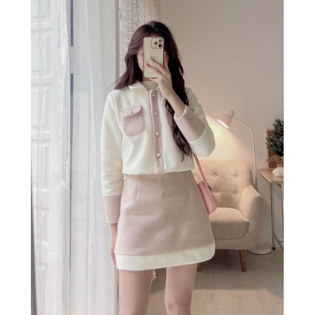 Set Dạ Ép Lông Cừu Cúc Ngọc Mix Chân Váy Chữ A Hàng Thiết Kế Tesoro Clothes
