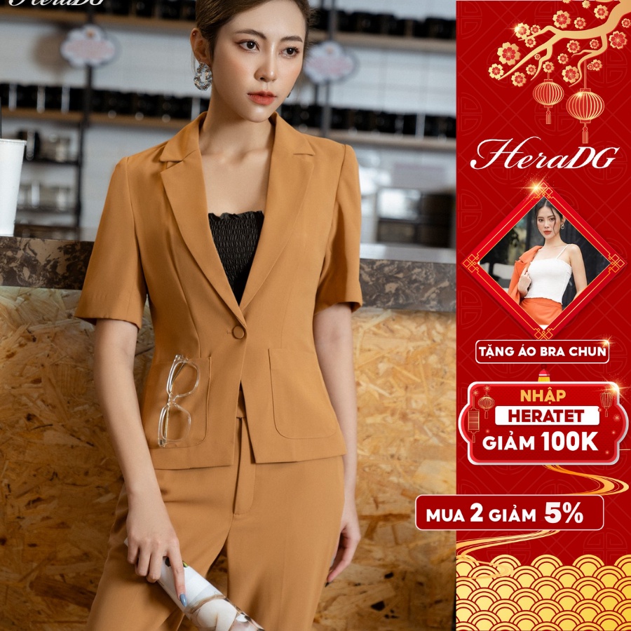 Áo đờ mi dáng ôm vạt V HeraDG túi 2 bên 1 lớp chất liệu tuytsi cao cấp STBB3014A