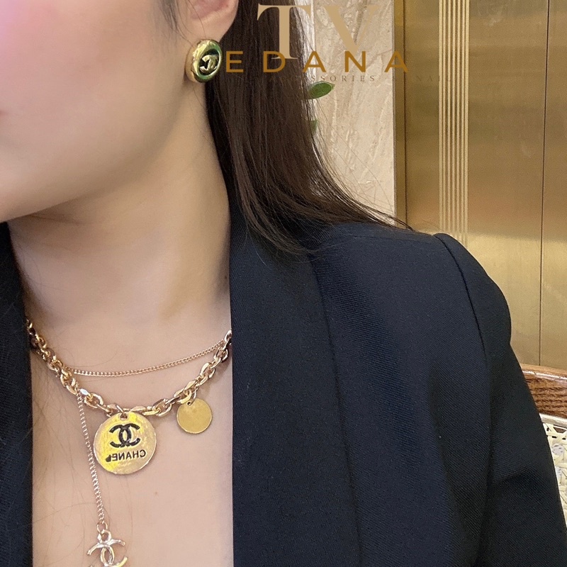 Vòng cổ chocker dây xích mặt C H A N E L mẫu 2 dây 3 mặt [THANH VY EDANA]