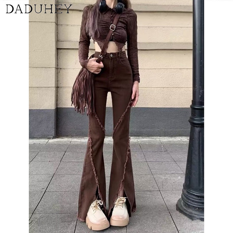 Daduhey Quần jeans ống rộng loe nhỏ xẻ cạp cao thời trang mới Hàn Quốc