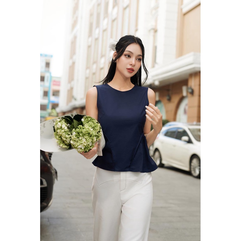 Áo kiểu sát nách thắt dây hở lưng chiết eo 2 bên thời trang GAGO màu xanh đen GA4261