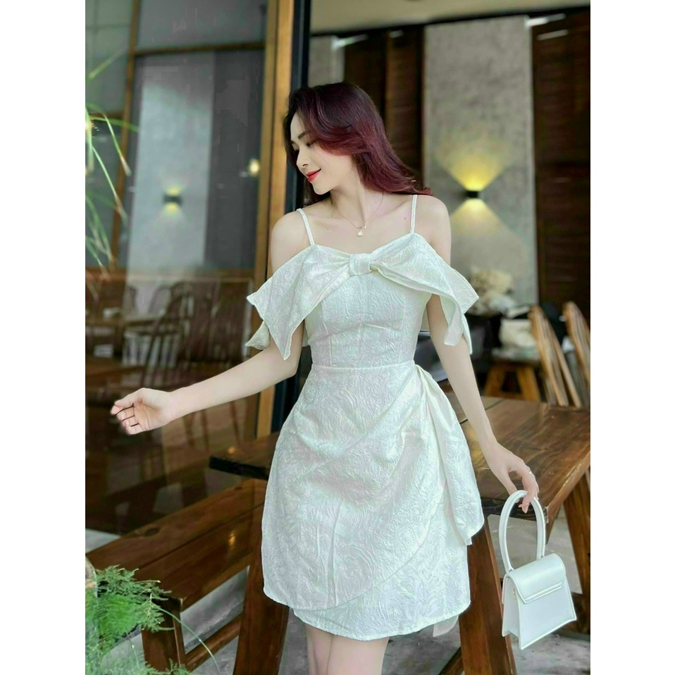 Đầm tiểu thư đi tiệc, đầm chữ a hàn quốc thiết kế bệch vai 2 dây sexy mix bèo eo chất gấm lên form đẹp