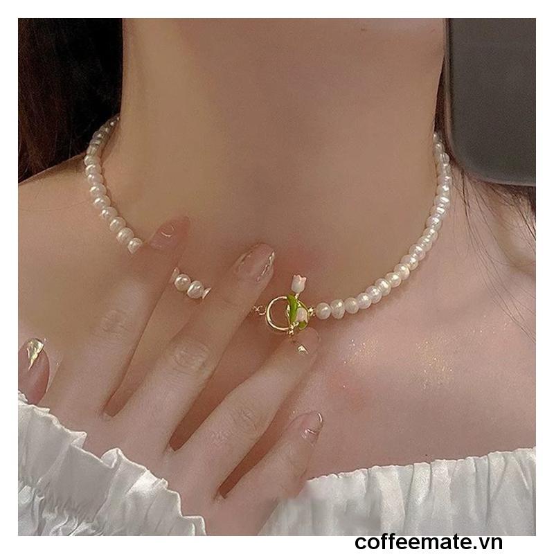 【coffeemate】⚡ Vòng cổ Hình Hoa Tulip Đính Ngọc Trai Nhân Tạo Thời Trang