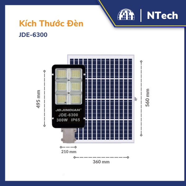 Đèn năng lượng mặt trời - Đèn đường NLMT Jindian JD-E6300 Công suất 300W Khung Nhôm, Chip Led "SMD" - BH 02 Năm