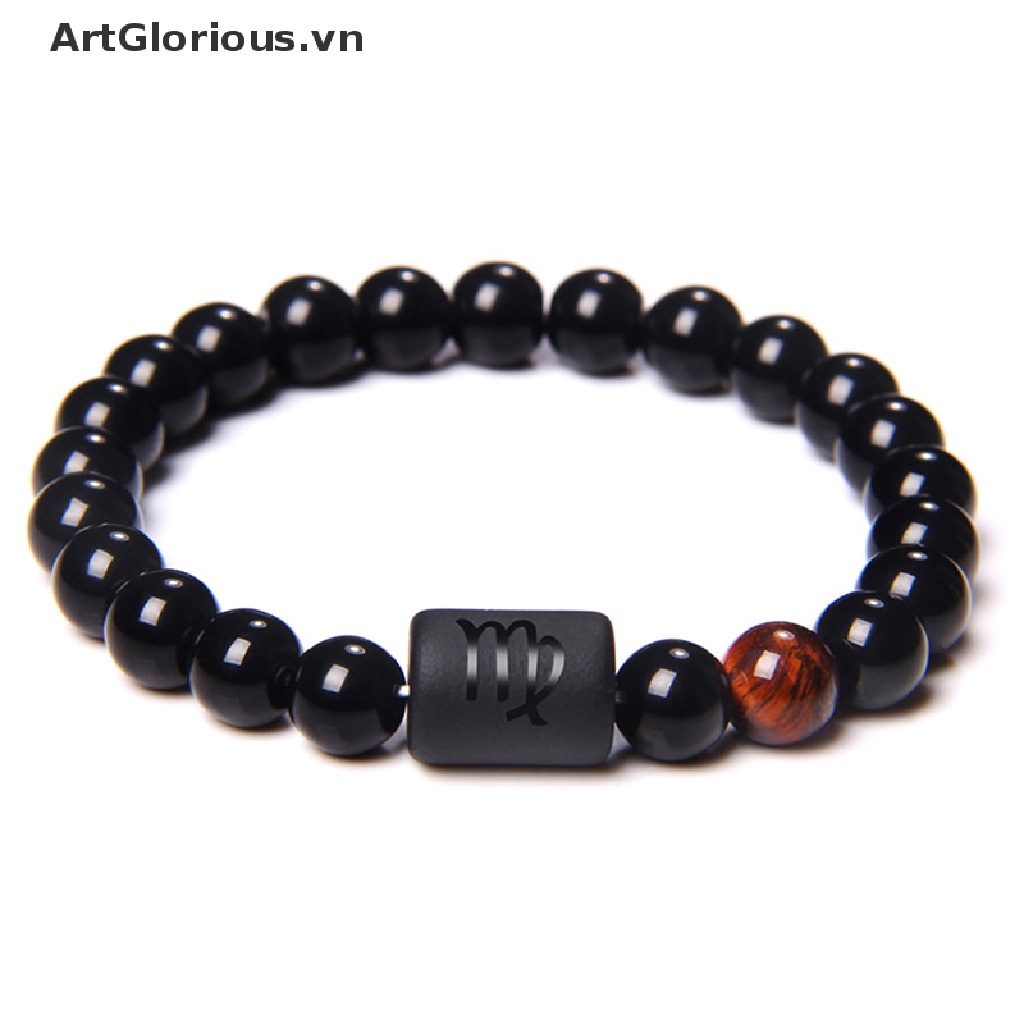 Vòng Tay Chuỗi Hạt Đá Onyx Co Giãn Mặt 12 Cung Hoàng Đạo Màu Đen Tự Nhiên Cho Cặp Đôi