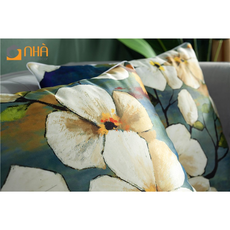 Gối Tựa Lưng Gối Sofa Tranh Sơn Dầu Vẽ Hoa Vải Lụa Cao cấp
