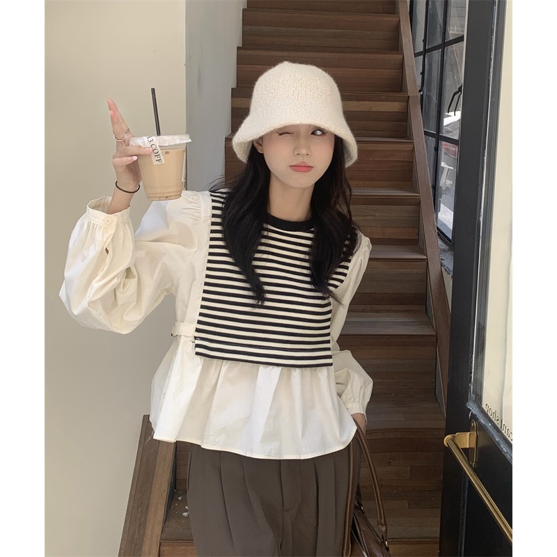 Áo Sơ Mi Nữ Dài Tay Cổ Tròn Sọc Ngang Thời Trang Hàn Mới