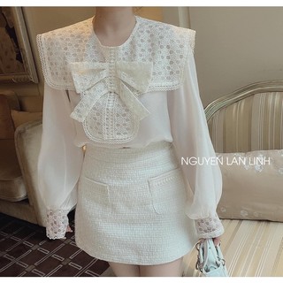 Áo tơ tiểu thư cổ yếm nơ siêu xinh at1, áo tơ hai lớp phối cổ ren