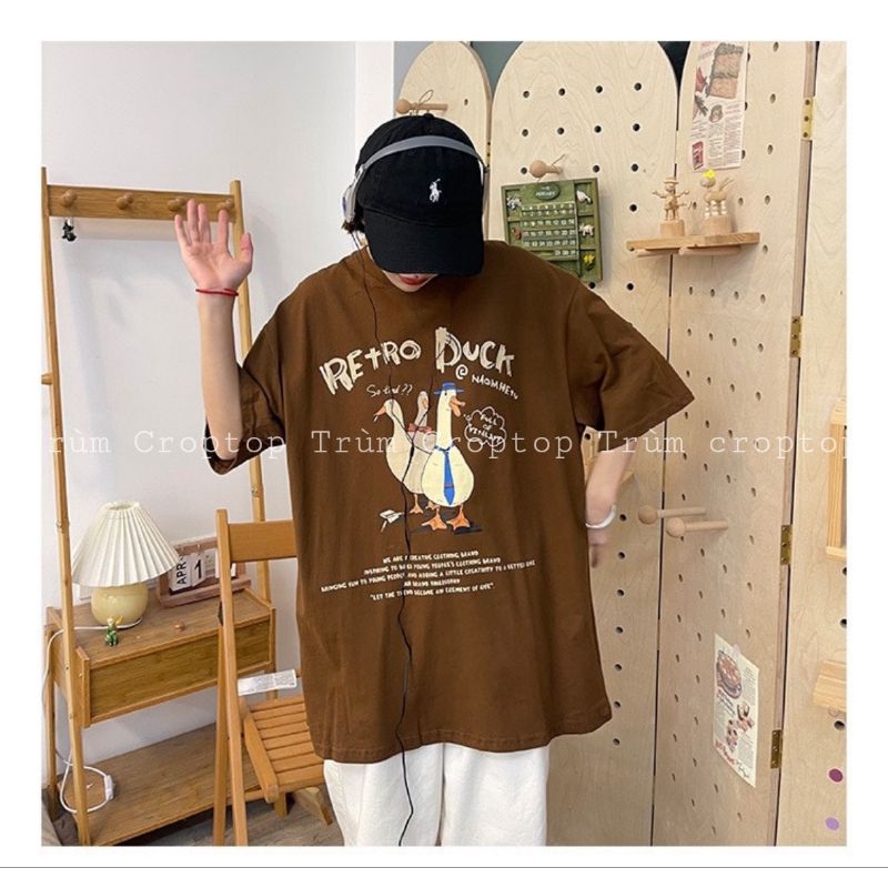 Áo thun tay lỡ in hình vịt Retro Duck màu nâu , Áo phông rộng form unisex dáng basic nam nữ