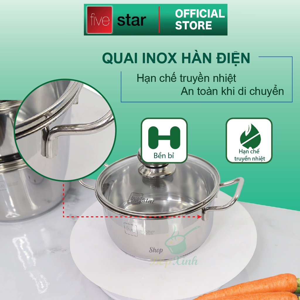 Bộ nồi chảo inox Fivestar 5 chiếc nắp kính 3 đáy, dày 0.8mm ,dùng được bếp từ, hồng ngoại , gas