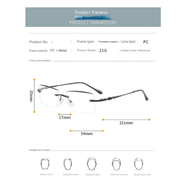 Kính Mát Gọng Vuông Không Viền Chống Ánh Sáng Xanh Thời Trang Công Sở Cho Nam Và Nữ