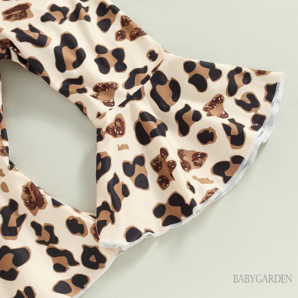 Bộ Áo Liền Quần Trễ Vai Tay Ngắn + Quần Dài Ống Loe In Hoa / Da Báo / Băng Đô Nơ Dễ Thương Cho Bé Gái