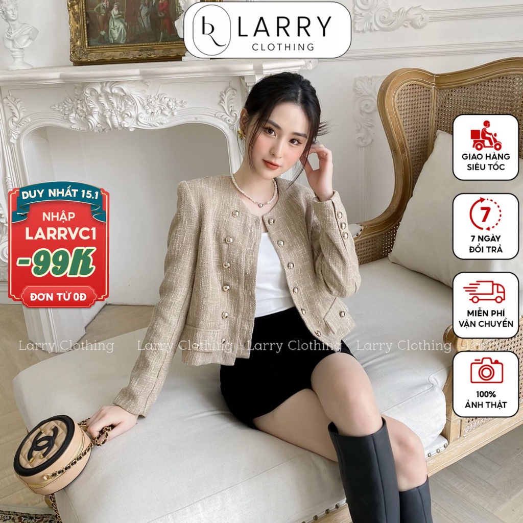 Áo dạ tweed nữ thiết kế tay dài dáng ngắn màu be hai hàng cúc bọc sang chảnh thời trang thiết kế Larry Clothing A733
