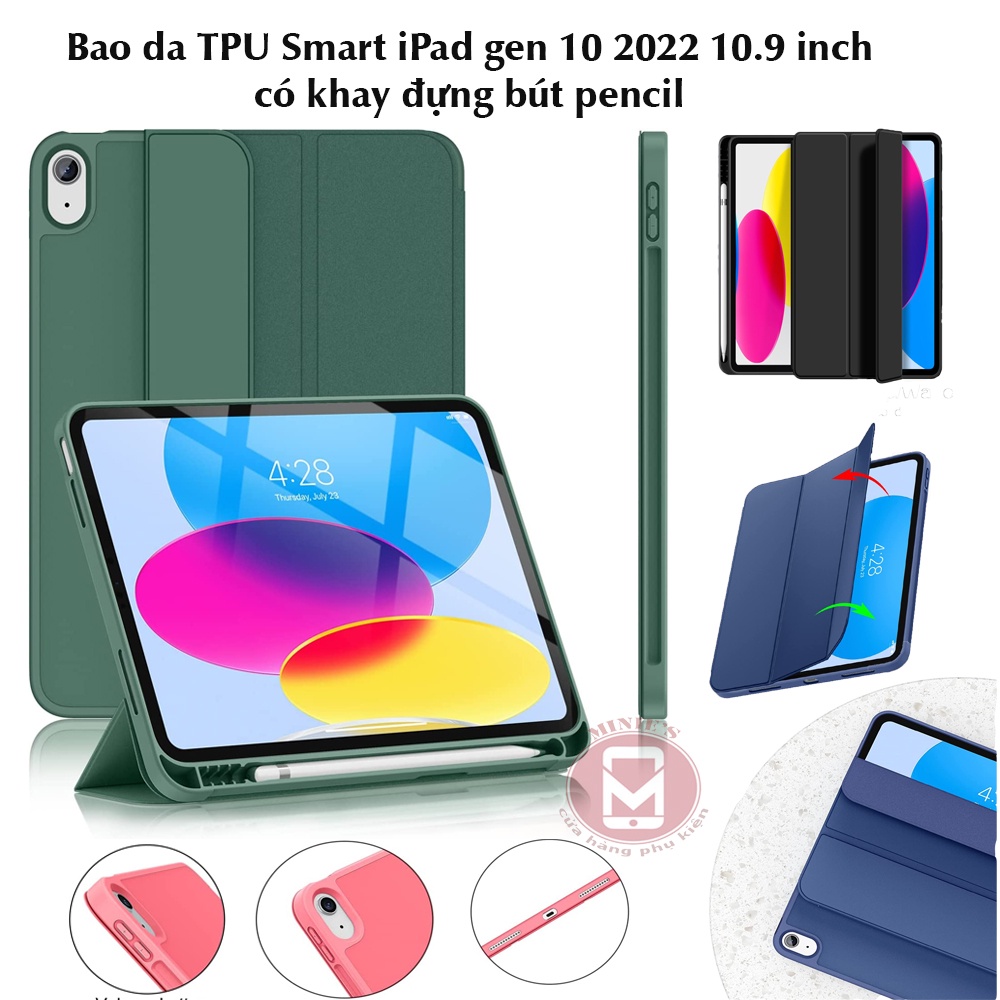 Bao da iPad Gen 10 2022 10.9 inch có khay bút pencil , lưng TPU dẻo nắp gập hỗ trợ tắt mở màn hình
