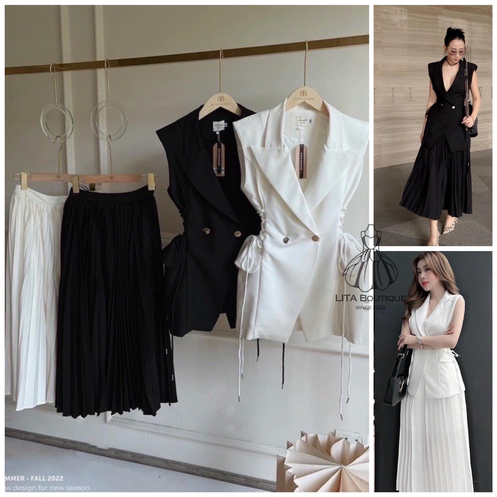 Set Bộ LITA Boutique S27 ÁO VEST DÂY RÚT THẮT EO KÈM CHÂN VÁY XẾP LY SANG TRỌNG, KÍN ĐÁO