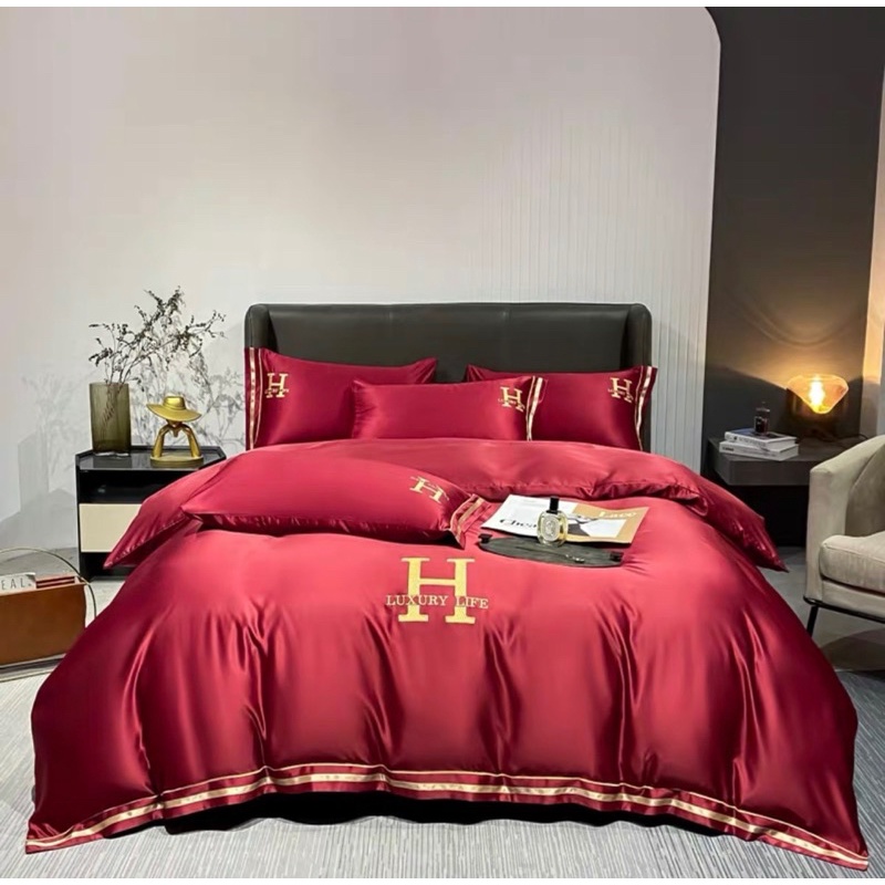 Bộ Chăn Ga Gối Lụa Thêu Chữ H LUXURY lIFE Siêu Cấp nhập khẩu