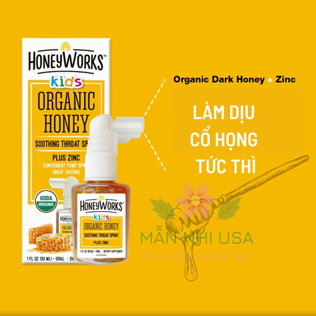 Xịt họng keo ong hữu cơ giảm ho, đau họng cho bé Honey Works Kids Spray 30ml, hàng mỹ.