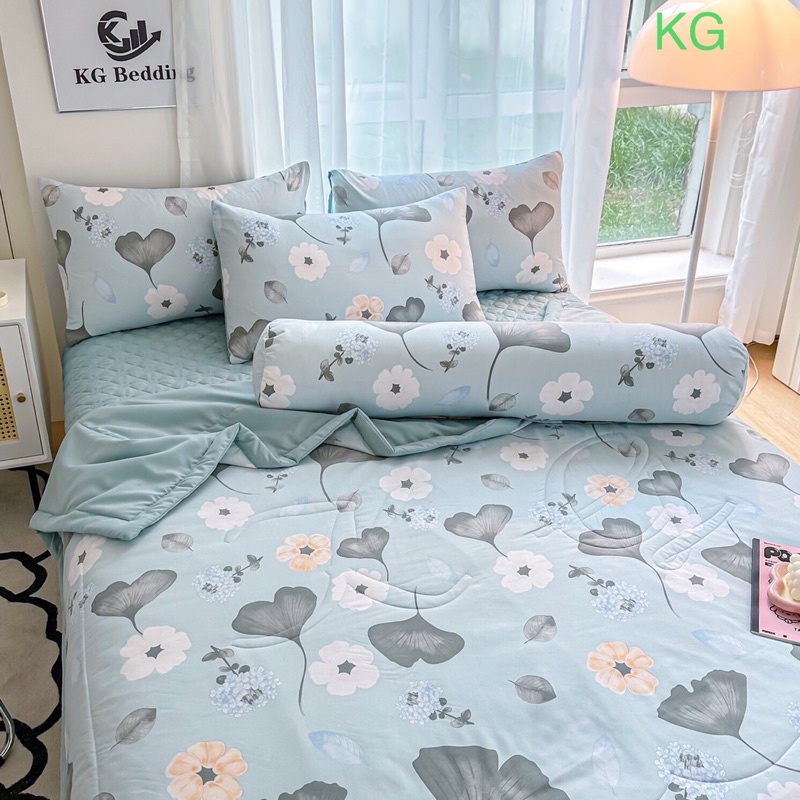 Bộ ga gối chăn trần ga trần bông chất cotton đũi màu sắc hài hoà, nhẹ nhàng gồm 4 món tặng kèm 1 vỏ gối ôm