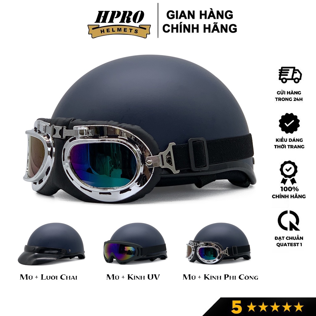 Mũ bảo hiểm nửa đầu Hpro Helmets nhiều màu sắc thời trang, cá tính, kèm kính UV, phi công, Freesize
