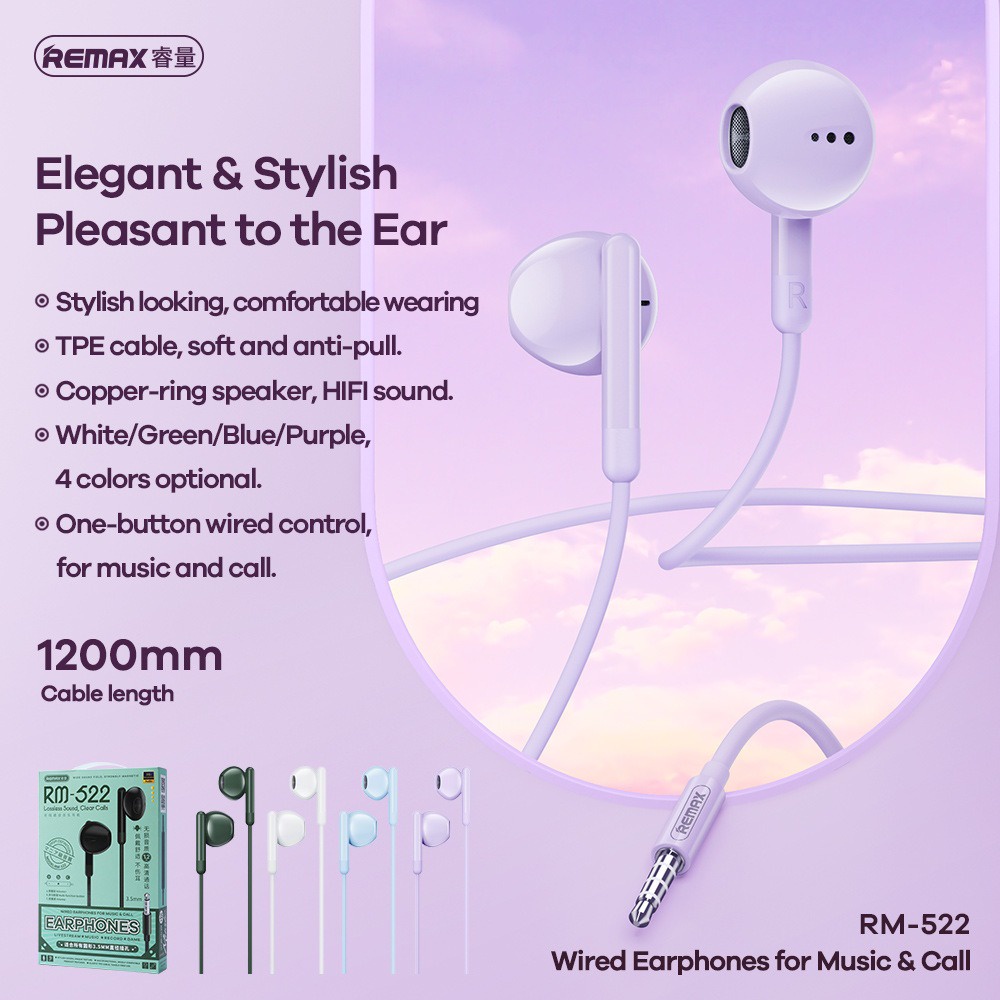 Tai nghe nhét tai Remax RM-522 tích hợp mic đàm thoại livestream jack 3.5mm