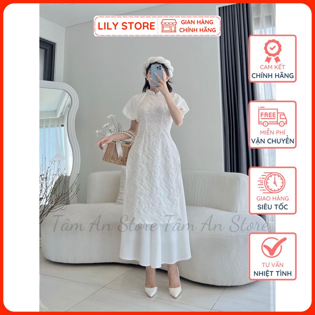 Bộ Áo Dài Gấm Trắng LILY STORE, Áo Dài Cách Tân Nữ Tay Bồng Kèm Chân Váy Xòe Hàng Thiết Kế Đủ Size.
