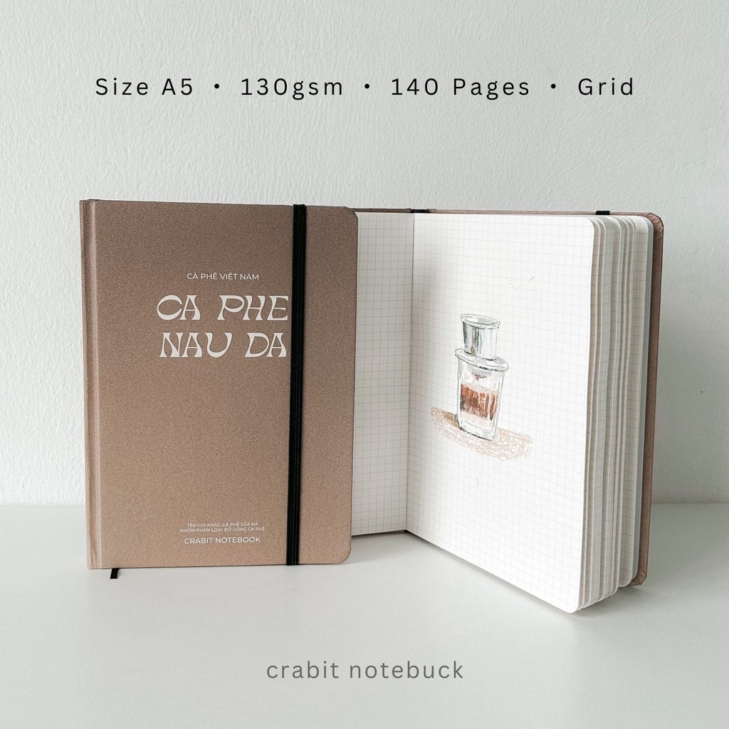 Sổ tay A5 130gsm grid ô vuông ghi chép bullet journal Crabit Phê Phin Collection - Sổ Cà phê Nâu đá