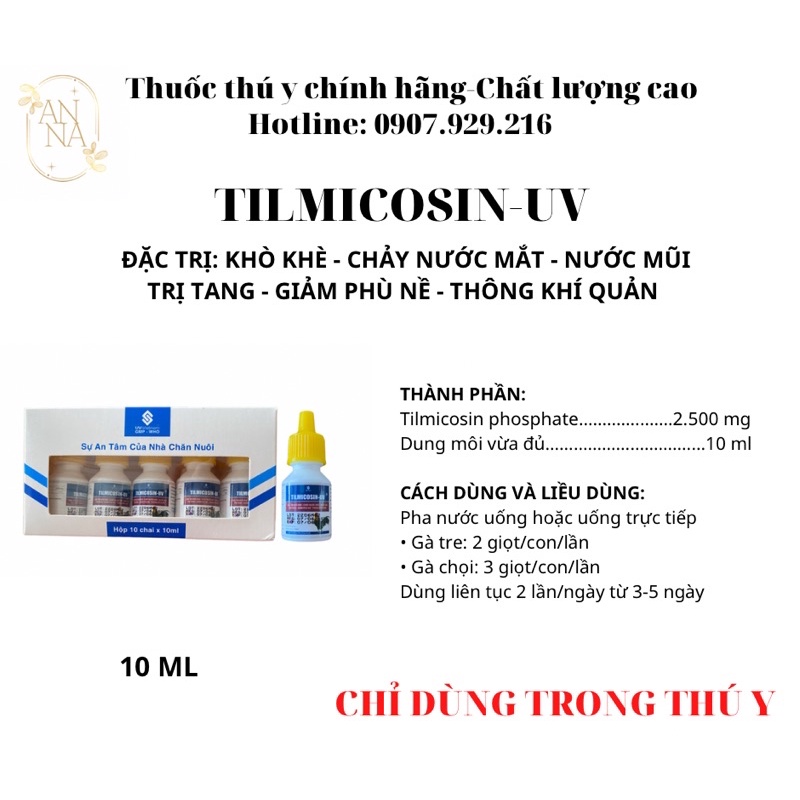 TILMICOSIN KHÒ KHÈ, CHẢY NƯỚC MẮT, NƯỚC MŨI GÀ ĐÁ 10ML