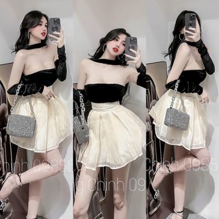 SET ÁO CÚP NGỰC CỔ YẾM PHỐI CHÂN VÁY REN XẾP LI ( kèm tay áo rời )