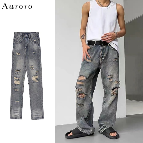 Quần jean rách gối hiphop unisex quần baggy nữ quần jeans thời trang ...