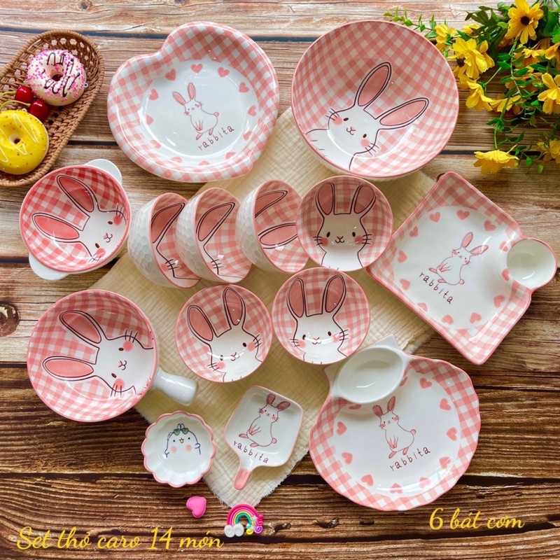 Chén Dĩa Dễ Thương Đĩa Sứ Tổng hợp Bộ Bát đĩa Thỏ hồng caro Decor Bát Ăn Cơm xinh yêu set 21 và 18 món