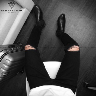 Quần Jeans Nam Đen Rách Gối,Chất Jean Co Dãn,Màu Đen, Dáng Quần Ôm, Cam Kết Không Phai Màu