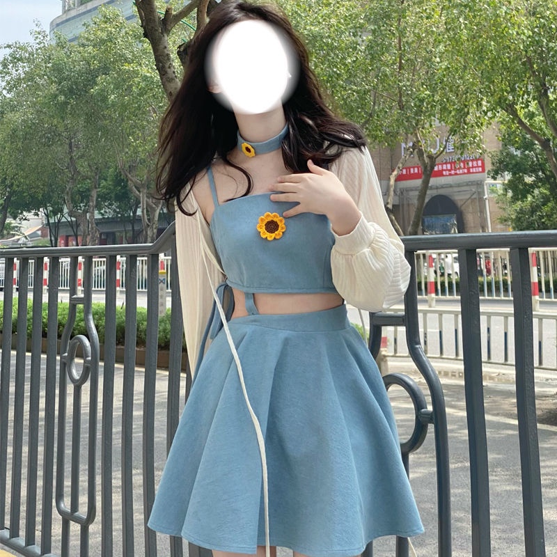 Bộ Áo Khoác Denim Chống Nắng + Váy Yếm Denim Kiểu Dáng Ngọt Ngào Thời Trang Mùa Hè Cho Nữ