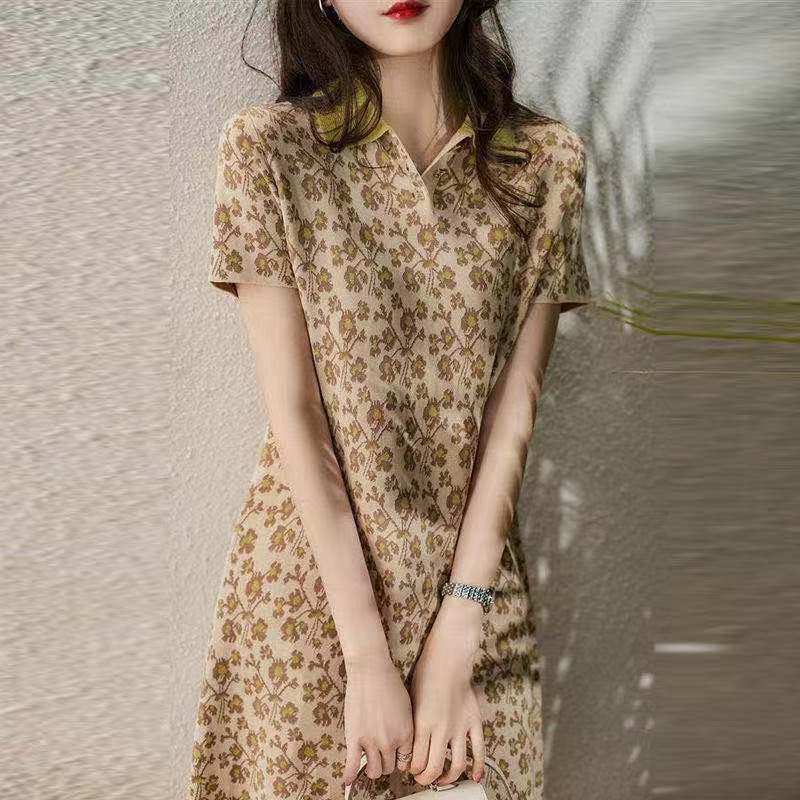 Đầm Dáng Chữ a Tay Ngắn Cổ polo In Họa Tiết Hoa Dáng Rộng Mềm Mại Thời Trang Xinh Xắn Cho Nữ